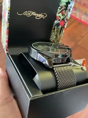 Ed Hardy | Accessories | Ed Hardy Gunmetal Skullface Mesh Band Watch ...